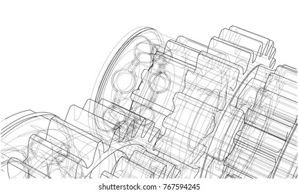 Gearbox sketch. Vector rendering of 3d. Wire-frame style