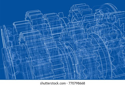 Gearbox sketch. Vector rendering of 3d. Wire-frame style