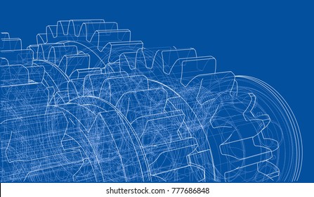 Gearbox sketch. Vector rendering of 3d. Wire-frame style