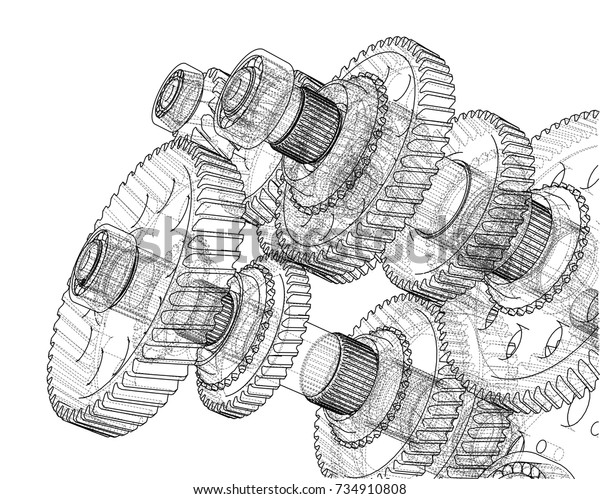 Download Gearbox Sketch Vector Rendering 3d Wireframe Stock Vector (Royalty Free) 734910808