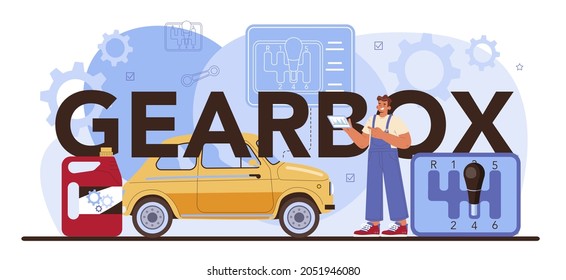 Gearbox typographic header. Car repair service. Automobile gearbox got fixed in car workshop. Mechanic in uniform check a vehicles automatic or manual gearbox. Flat vector illustration.