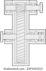 Dibujo vectorial de la caja de cambios que muestra un conjunto de engranajes helicoidales monocasco de una sola etapa con bridas de acoplamiento, rodamientos de los apoyos y cojinetes de empuje