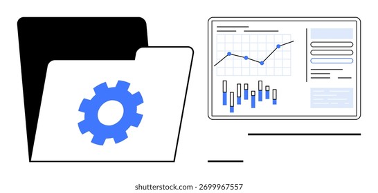 Uma pasta centrada em engrenagens próxima a uma tela que exibe gráficos, tabelas e análises de dados. Ideal para business intelligence, gerenciamento de dados, planejamento de projetos, inovação tecnológica, desempenho