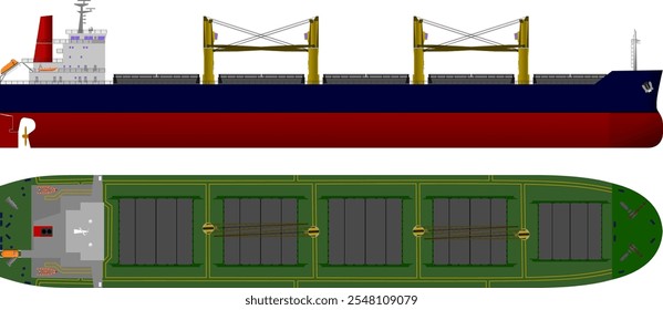 Navio Graneleiro. Vista lateral e superior de um navio de carga graneleiro com quatro gruas no convés. Ilustração isolada de vetor.