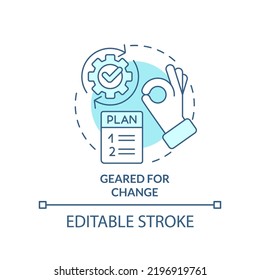 Geared for change turquoise concept icon. Flexibility. Key element of business plan abstract idea thin line illustration. Isolated outline drawing. Editable stroke. Arial, Myriad Pro-Bold fonts used