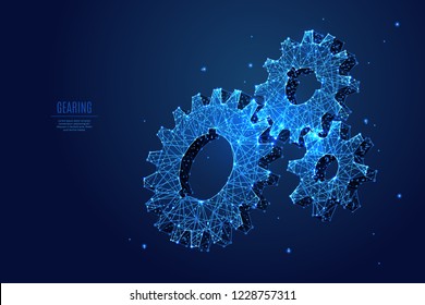 A gearing composed of polygons. Low poly vector illustration of a starry sky or Comos. The Gears consists of lines, dots and shapes. Mechanical technology machine engineering symbol.