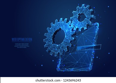 Gearing on digital tablet. Low poly wireframe concept of technology or internet  service. Two polygonal gears and tablet on dark blue background.  Starry sky consisting of points, lines, and shapes.