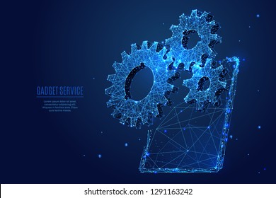 Gearing. Three gears on Tablet PC  screen. Vector low poly wireframe in the form of starry sky or space, consisting of points, lines, and shapes in the form of stars. Polygonal abstract digital image.