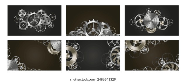 Gears 3d composition. Metal gears and cogs mechanism, mechanical steampunk frame and engineering, machinery or technology themed industrial background vector illustration. Business industrial concept.