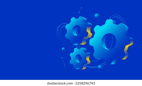 Gears 3D illustration on vivid blue background. Modern technology development and engineering solutions concept. Vector