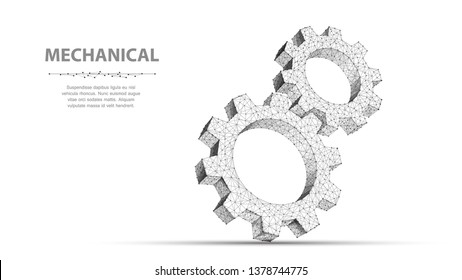 Gears. Abstract 3d vector wireframe two gear. 3d illustration isolated on white. Mechanical technology machine, Industry development, engine work, business solution, team work concept, background