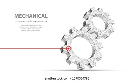 Gears. Abstract 3d vector wireframe two gear. 3d illustration isolated on white. Mechanical technology machine, Industry development, engine work, business solution, team work concept, background