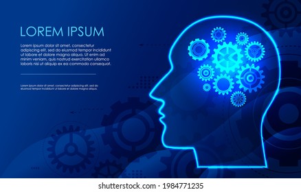 Gears in the abstract head of a man on a blue background. Concept of man thinking. Vector illustration.