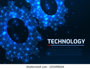Gears. Abstract vector wireframe gear 3d modern illustration on dark background. Mechanical technology machine engineering symbol. Industry development, engine work, business solution concept. Vector
