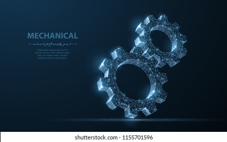 Gears. Abstract vector wireframe two gear 3d modern illustration on dark blue background. Mechanical technology machine engineering symbol. Industry development, engine work, business solution concept