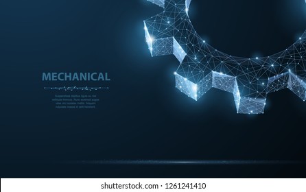 Gears. Abstract vector wireframe two gear 3d modern illustration on dark blue background. Mechanical technology machine engineering symbol. Industry development, engine work, business solution concept