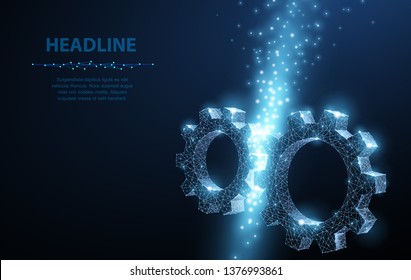 Gears. Abstract vector wireframe two gear 3d modern illustration on dark blue background. Mechanical technology machine engineering symbol. Industry development, engine work, business solution concept