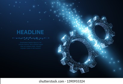 Gears. Abstract vector wireframe two gear 3d modern illustration on dark blue background. Mechanical technology machine engineering symbol. Industry development, engine work, business solution concept