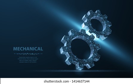 Gears. Abstract vector wireframe two gear 3d modern illustration on dark blue background. Mechanical technology machine engineering symbol. Industry development, engine work, business solution concept