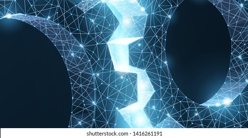 Gears. Abstract vector wireframe two gear 3d modern illustration Blue background. Mechanical technology machine engineering symbol. Industry development, engine work closeup, business solution concept