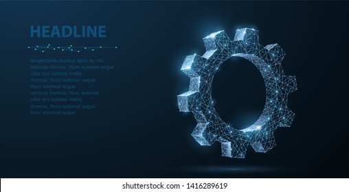 Gears. Abstract vector wireframe two gear 3d modern illustration on dark blue background. Mechanical technology machine engineering symbol. Industry development, engine work, business solution concept