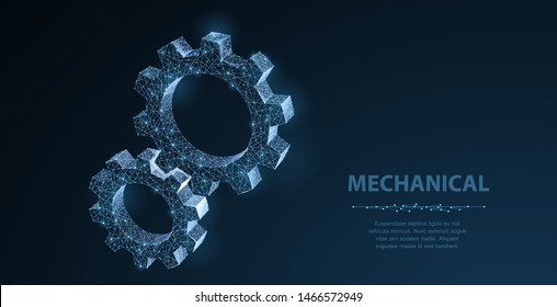 Gears. Abstract vector wireframe two gear 3d modern illustration on dark blue background. Mechanical technology machine engineering symbol. Industry development, engine work, business solution concept