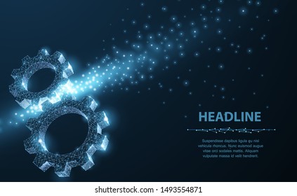 Gears. Abstract vector wireframe two gear 3d modern illustration on dark blue background. Mechanical technology machine engineering symbol. Industry development, engine work, business solution concept