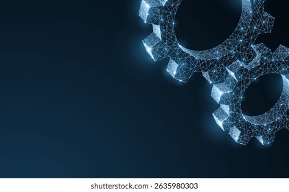 Gears. Abstract vector wireframe two gear 3d modern illustration on dark blue background. Mechanical technology machine engineering symbol. Industry development, engine work, business solution concept