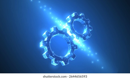 Gears. Abstract vector wireframe two gear 3d modern illustration on dark blue background. Mechanical technology machine engineering symbol. Industry development, engine work, business solution concept