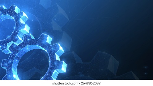 Gears. Abstract vector wireframe two gear 3d modern illustration on dark blue background. Mechanical technology machine engineering symbol. Industry development, engine work, business solution concept