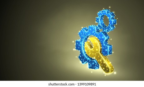 Gears, adjustable wrench. Industry, business solution, technology, machine engineering concept. Abstract, digital, wireframe, low poly mesh, vector colorful 3d illustration. Triangle, line, dot, star