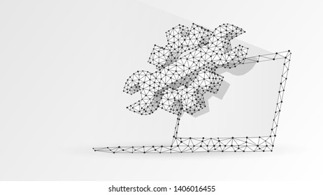 Gears adjustable wrench on laptop screen. Industry, business technology, settings concept. Abstract, digital, wireframe, low poly mesh, vector white origami 3d illustration. Triangle, line, dot