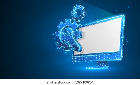 Gears adjustable wrench on white computer monitor. Industry, business technology, settings concept. Abstract, digital, wireframe, low poly mesh, vector blue neon 3d illustration. Triangle, line, dot