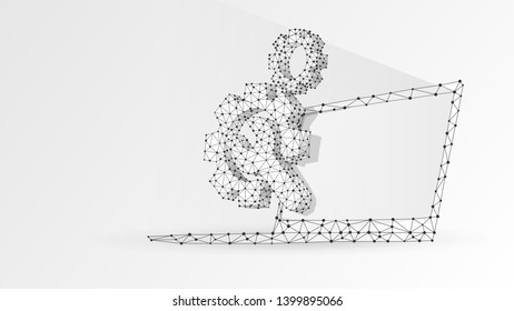 Gears adjustable wrench on white laptop screen. Industry, business technology, settings concept. Abstract, digital, wireframe, low poly mesh, vector white origami 3d illustration. Triangle, line, dot