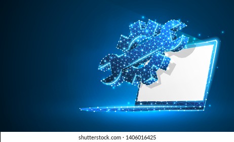 Gears adjustable wrench on white laptop screen. Industry, business technology, settings concept. Abstract, digital, wireframe, low poly mesh, vector blue neon 3d illustration. Triangle, line, dot