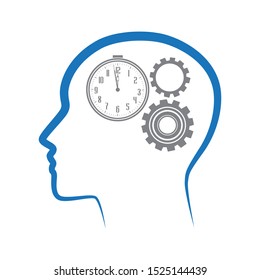 gears and alarm clock inside human head, vector