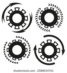 Gears arrow icon. Circular rotation concept. Bold industrial black gear shape. Dynamic vector mechanical symbol