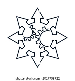 Engranajes, flecha. Concepto multicanal, estrategia, marketing. Icono del vector aislado en fondo blanco.