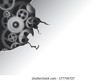 Gears background. Gears in  broken metal cover. Dynamic  Design element for a corner of graphic design. Vector illustration. 