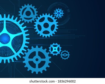 Gears background. Cogwheels mechanisms engineering, engine gear movement, hi tech industry development machinery technology, teamwork symbol, company process concept, vector glowing blue illustration