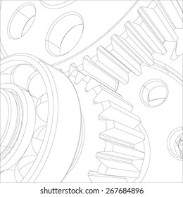 Gears with bearings and shafts. Close-up. Vector illustration, 3d render