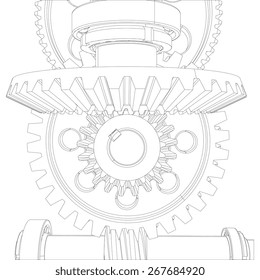 Gears with bearings and shafts. Close-up. Vector illustration, 3d render