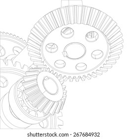 Gears with bearings and shafts. Close-up. Vector illustration, 3d render