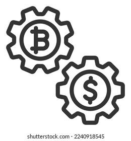 Gears with bitcoin and dollar, interaction - icon, illustration on white background, outline style