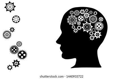 Gears, brain mechanism, human head silhouette, black and white colors, brain work concept.