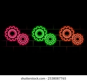 Gears with bright glowing futuristic blue neon lights on black background. 3D render illustration.