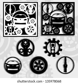 gears and the car,the abstract image of technical silhouettes rotating round its  pivot-center