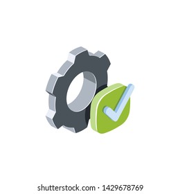 Gears check marck, settings. Vector 3d isometric color icon new flat style. Creative illustration, idea for infographics.