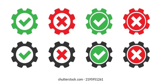 Gears with check mark and cross sign. Flat vector illustration.