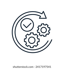 Gears, checkmark, arrow in a circle. Successful completion of work process concept. Vector linear icon isolated on white background.